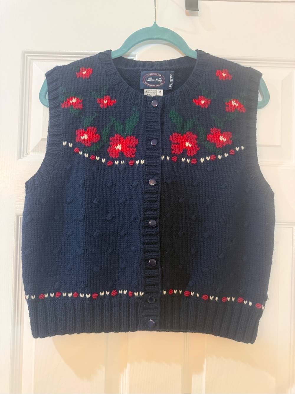 Vintage Allen Solly 100% Wool Navy Blue Knit Vest with Red Floral Embroidery